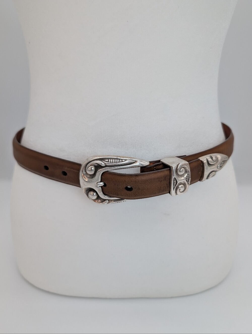 Western Cowhide Brown Belt With 3 Piece Ornate Silver Buckle & Tip 1995 Vintage